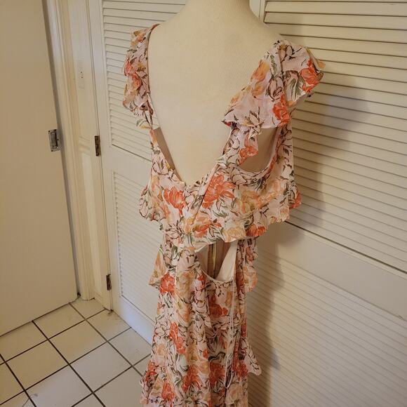 WAYF XXL Pink Floral Ruffle Maxi Dress Cutout Waist Spaghetti Strap Summer - Picture 2 of 9